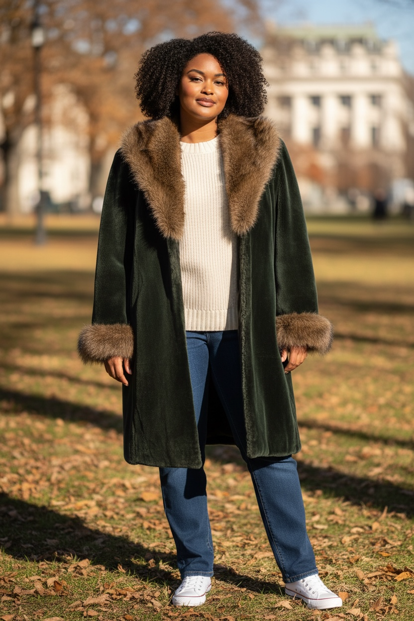 Sheared Green Beaver Coat Stroller With Fisher Fur Collar & Cuffs | Vintage Mano Swartz Size Medium