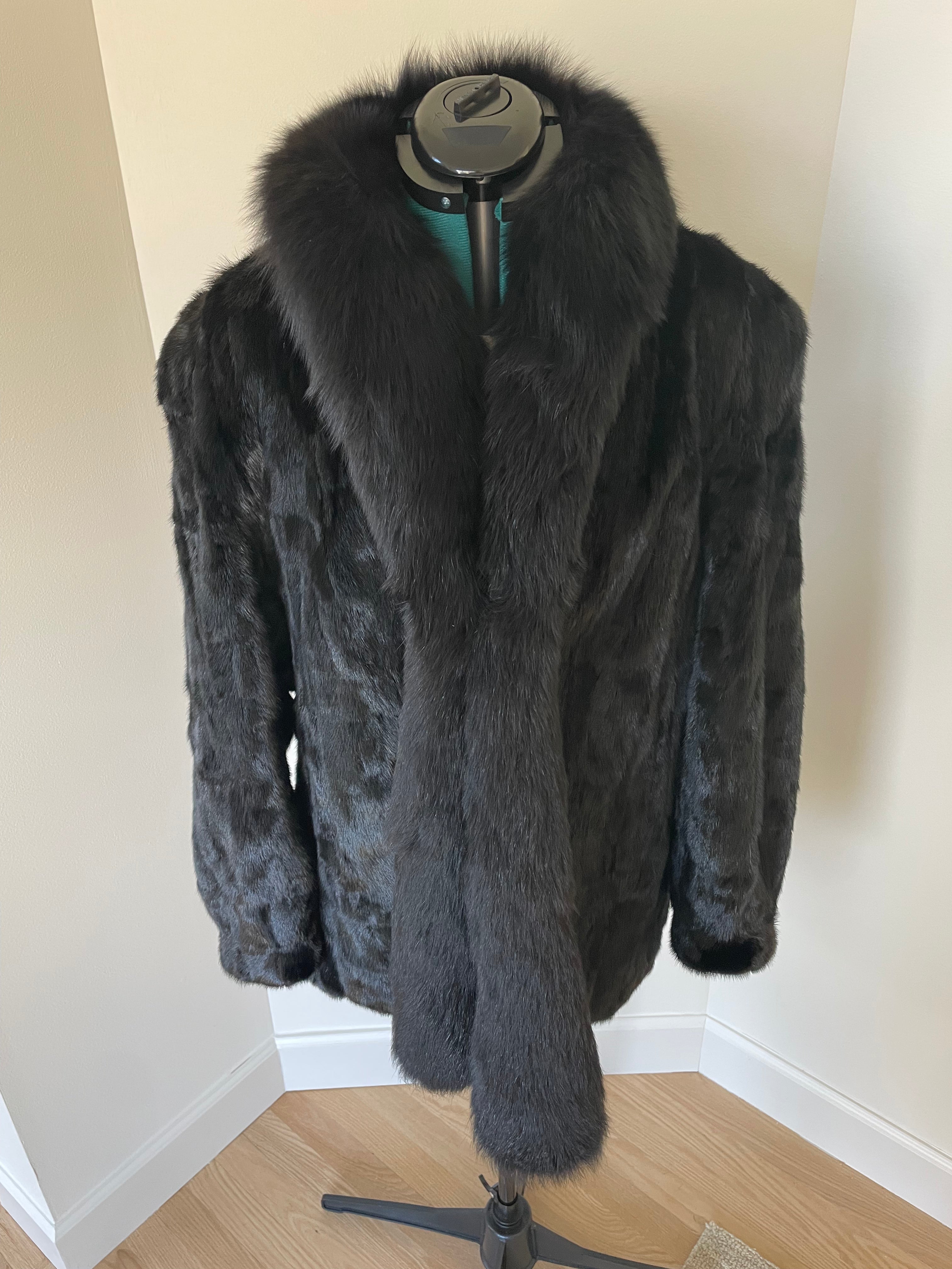 Vintage Black Mink Fur Jacket with Fox Shawl Collar – Luxury Ranch Mink Swing Coat Women’s M/L
