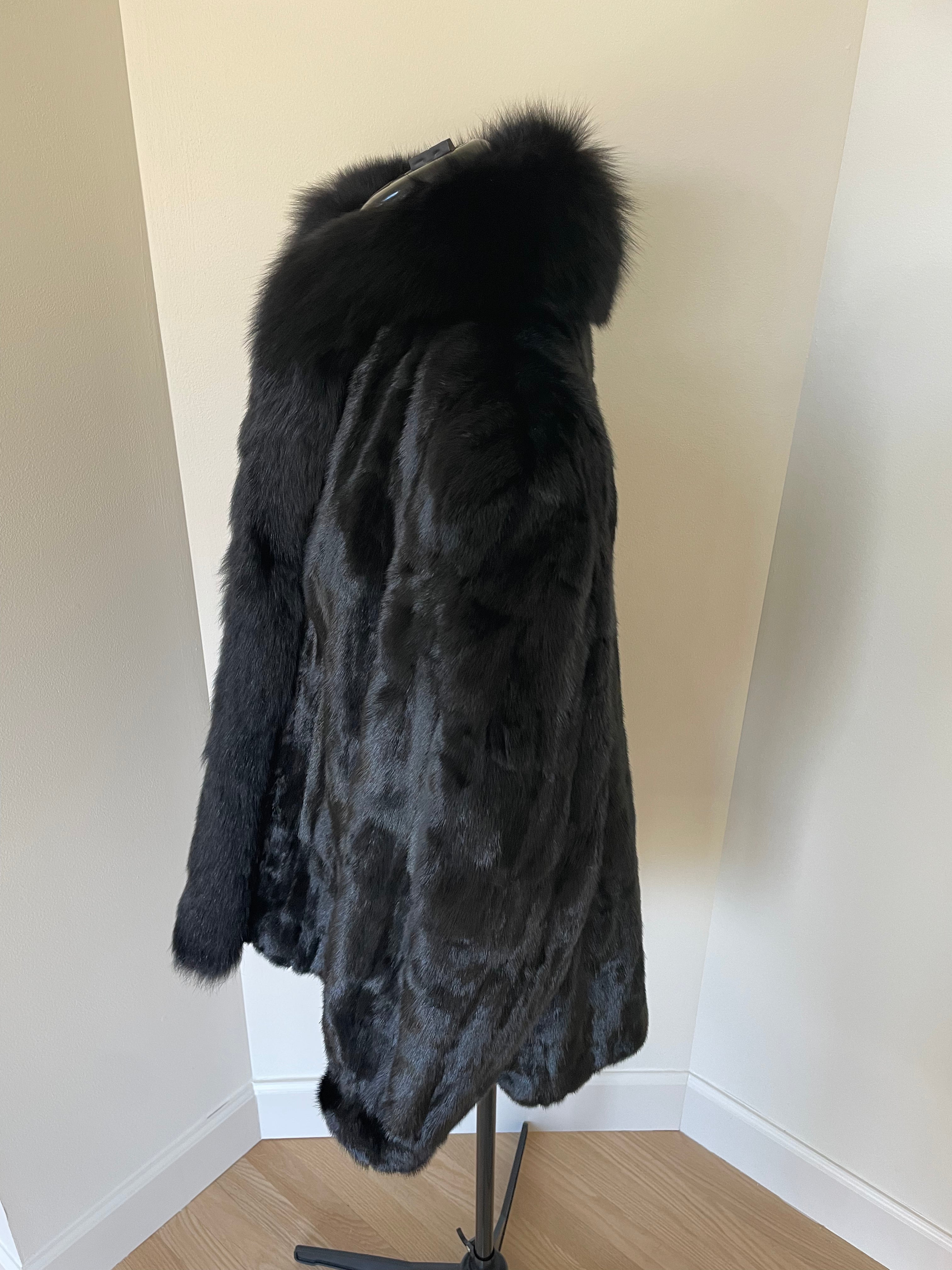 Vintage Black Mink Fur Jacket with Fox Shawl Collar – Luxury Ranch Mink Swing Coat Women’s M/L