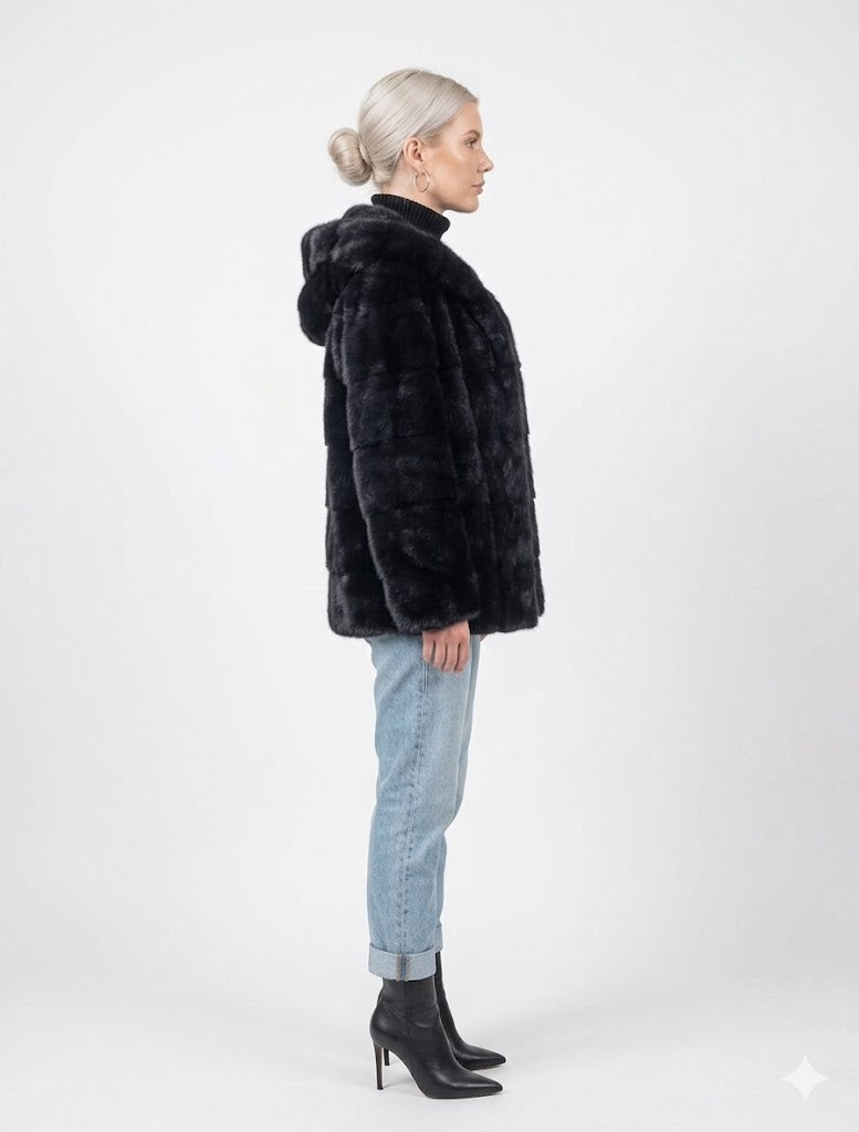 Stunning Steel Gray Hooded Mink Jacket New Size Large