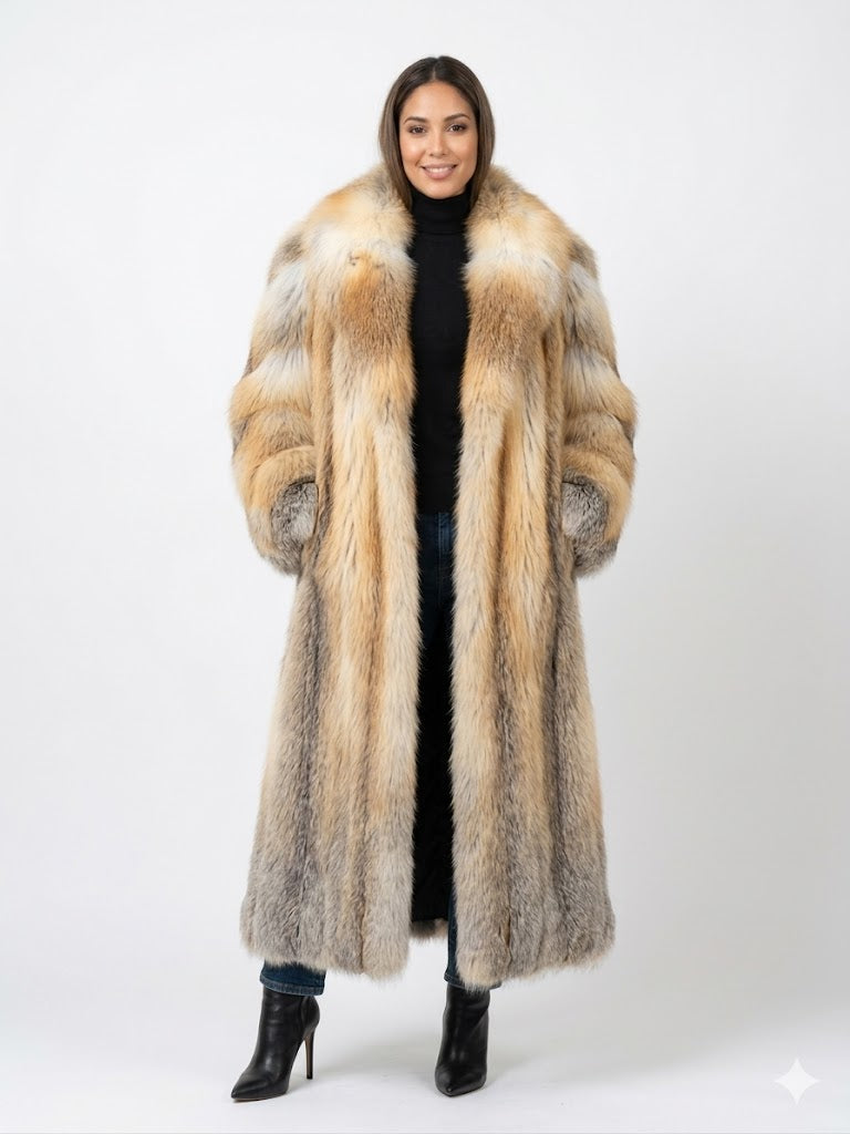 Vintage Golden Island Fox Fur Coat Full Length – Luxury Designer Adolfo Statement Piece – Women’s L/XL