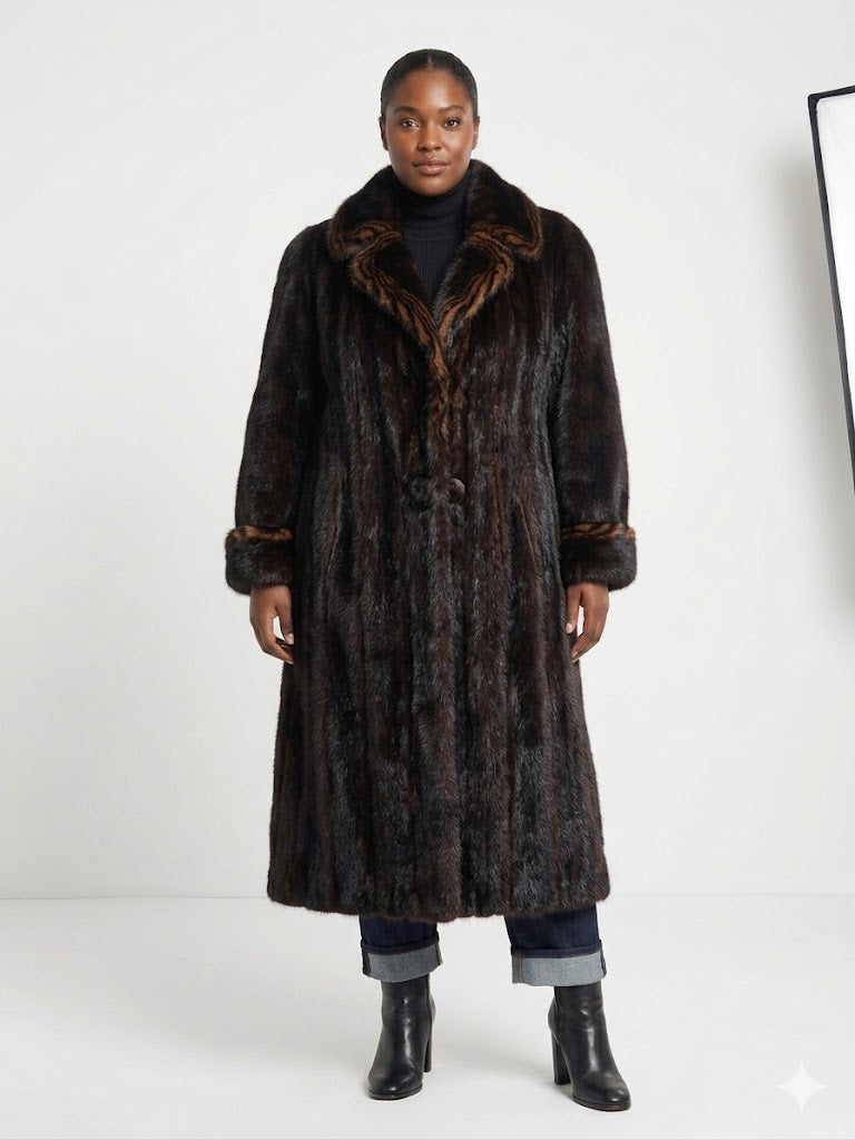 Vintage Dark Ranch Mink Coat w/ Mahogany Contrast Trim Shawl Collar Full Length Stroller