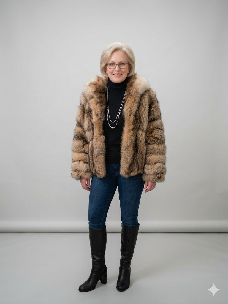 Vintage Crystal Silver Fox Fur Jacket – Full Shawl Collar, Plush Statement Coat Small to Medium
