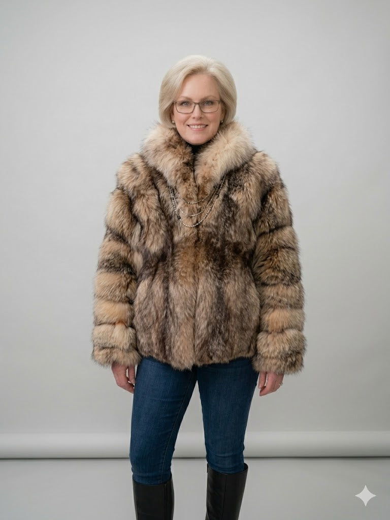 Vintage Crystal Silver Fox Fur Jacket – Full Shawl Collar, Plush Statement Coat Small to Medium