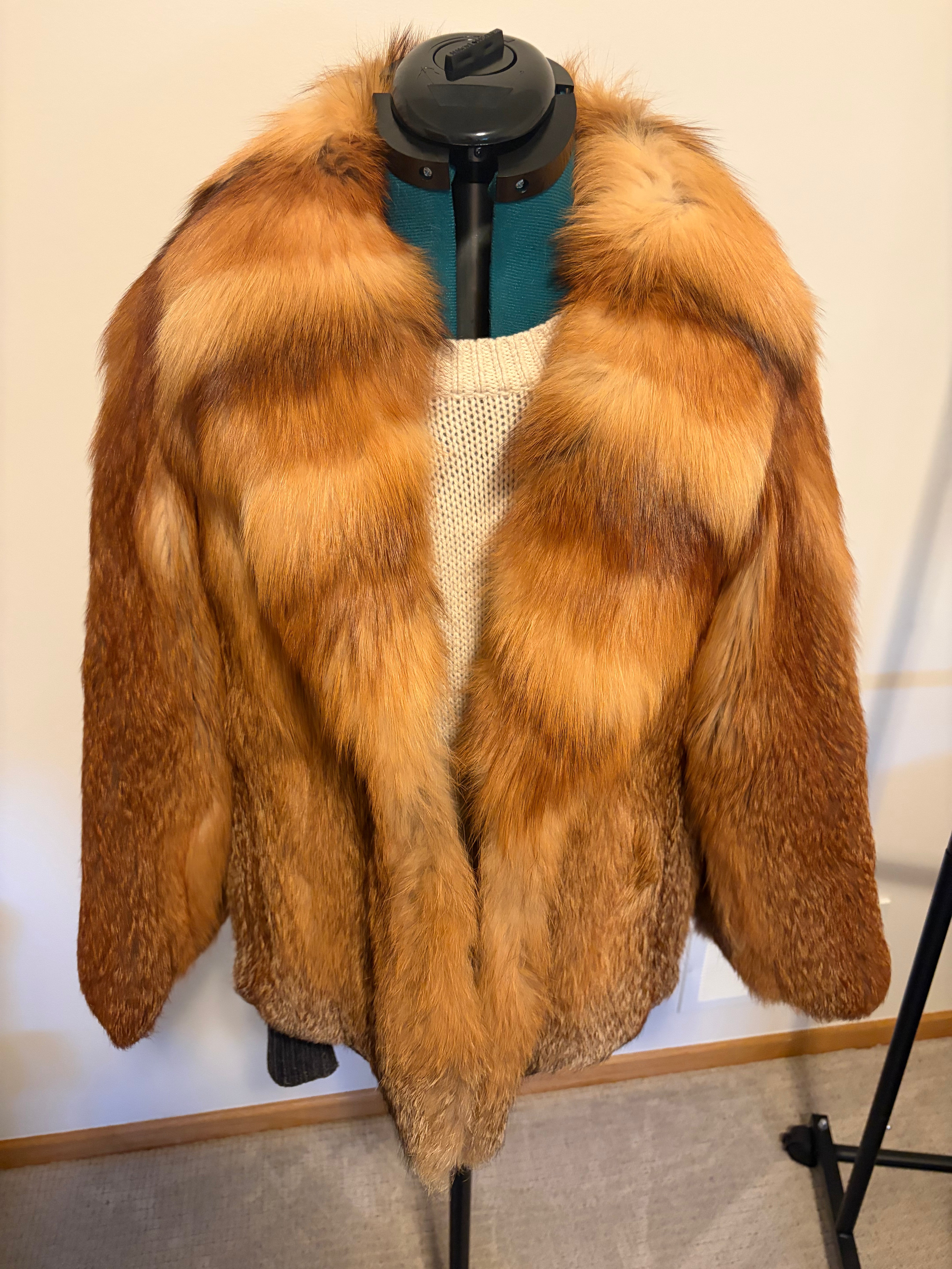 Vintage Red Fox Fur Jacket Cropped Bolero Belt Slits Shawl Collar Size Small