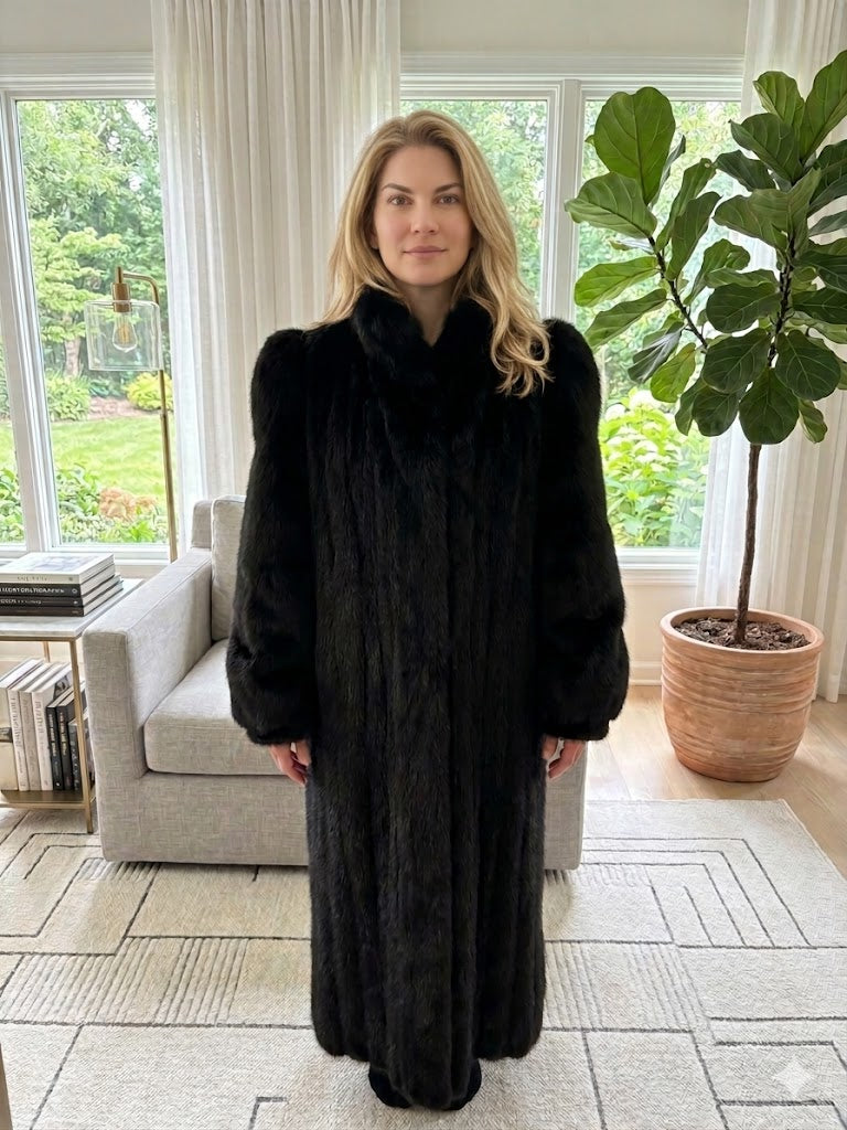 Vintage Rhomberg Furs Full-Length Black Mink Coat w/ Fox Sleeves & Full Fox Tuxedo Collar Size 10