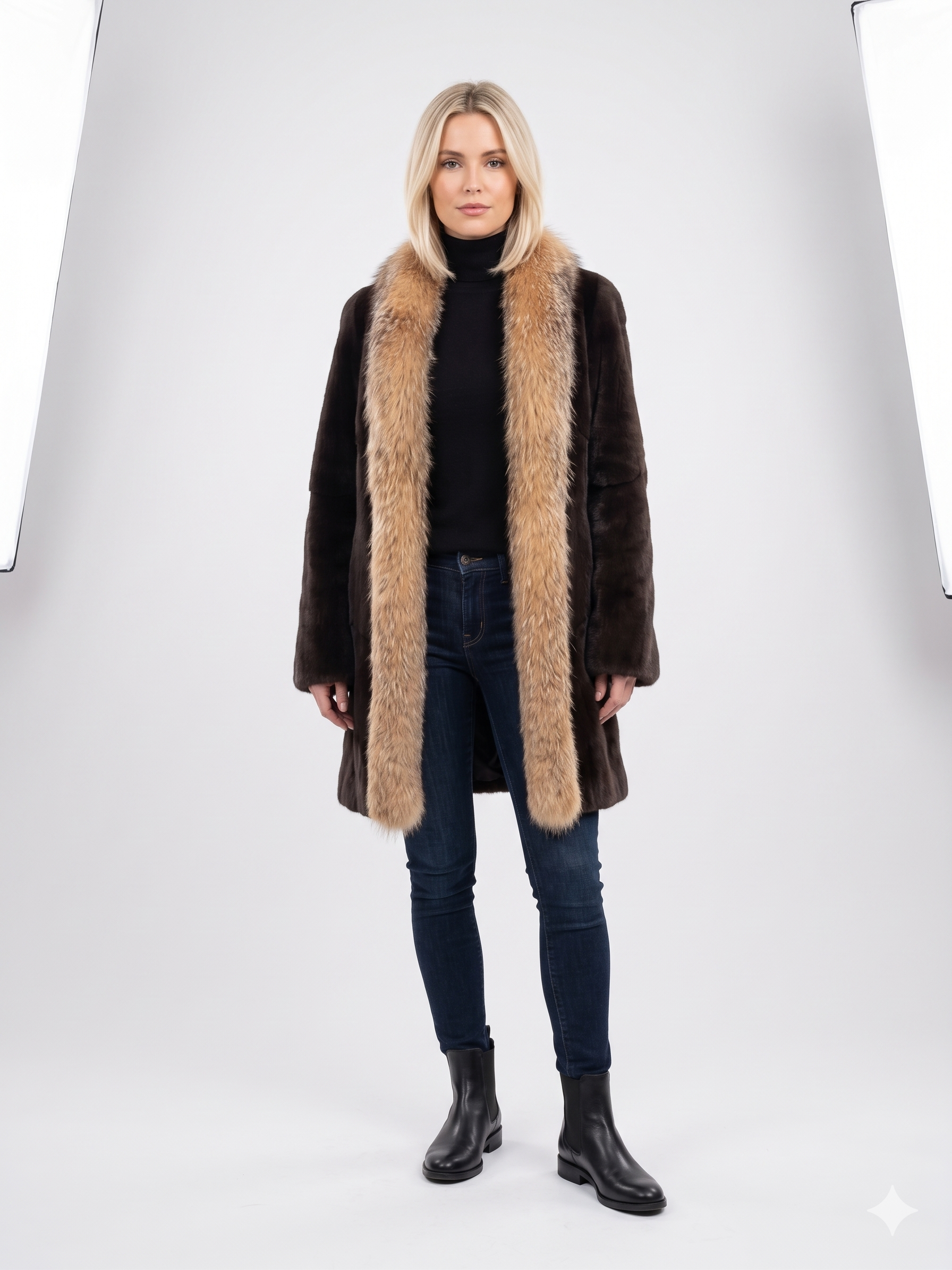 NWT Reversible Mink Fur Coat w/ Fox Tuxedo Collar – The Fur Vault – Finland – Brown – Size Small