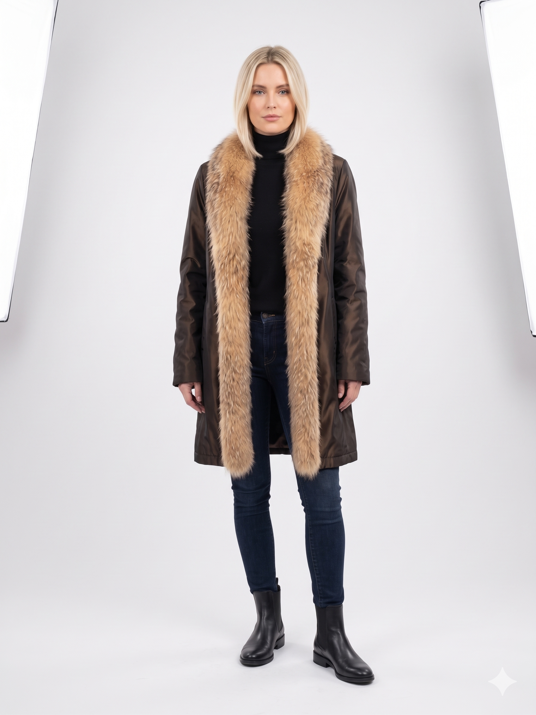 NWT Reversible Mink Fur Coat w/ Fox Tuxedo Collar – The Fur Vault – Finland – Brown – Size Small