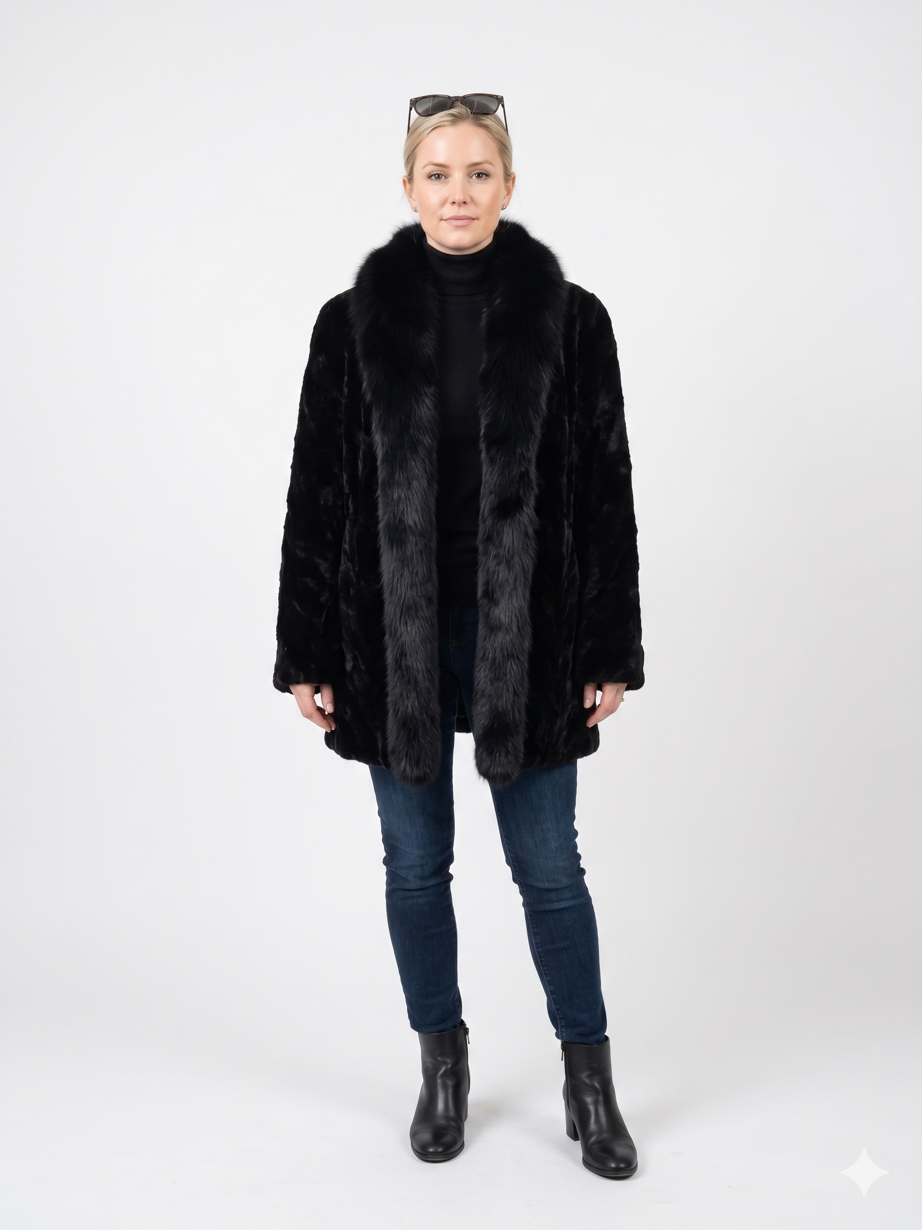 Black Reversible Mink Fur Coat Fox Collar – Luxury Swing Jacket Women’s Medium