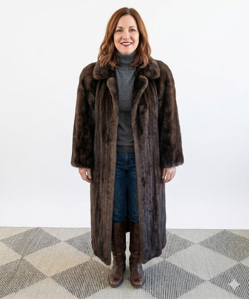 Vintage Lunaraine Full-Length Mink Fur Coat – Rich Dark Brown – Women’s Luxury Winter Fur Size Medium