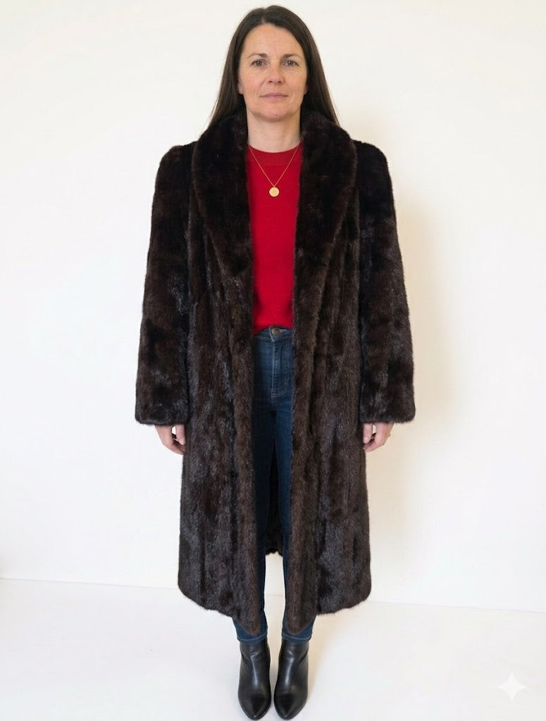 Vintage Mahogany Ranch Mink Fur Coat – Full Length Shawl Collar Luxury Mink – Women’s Small