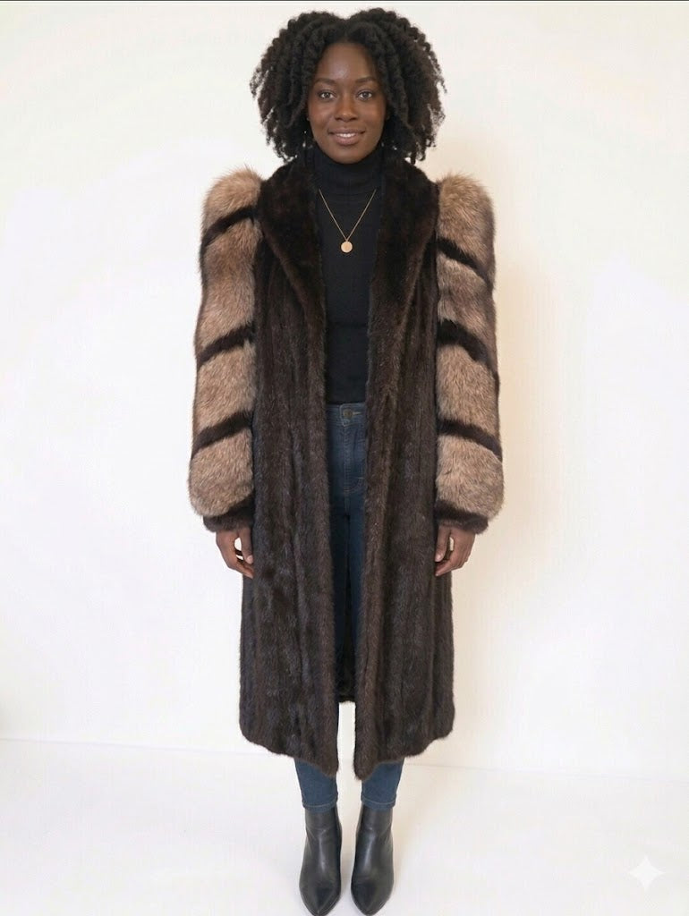 Vintage Mahogany Mink Coat with Dramatic Cross Fox Sleeves – Full Length Luxury Fur – Women’s Small / Size 6 Small