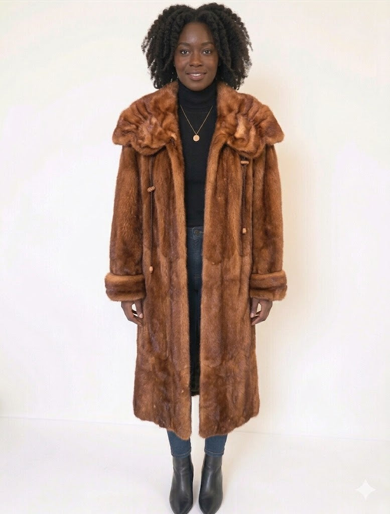 Vintage Whiskey Mink Fur Coat – Full Length Ranch Mink Shawl Collar – Women’s Large