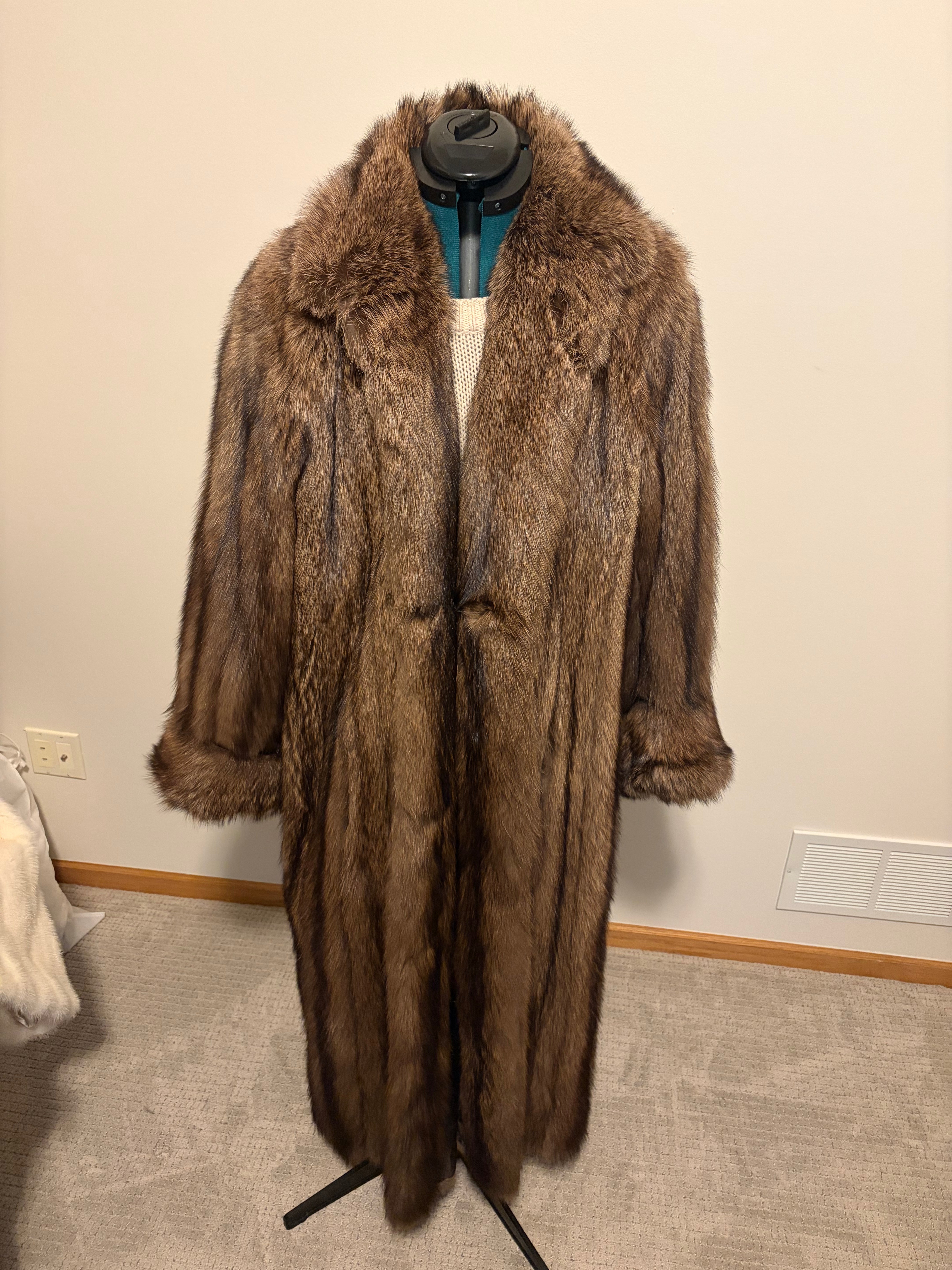 Goldin Feldman Vintage Fisher Fur Coat Full Length Brown Shawl Collar Luxury Women’s Size Large to XL 52” Long