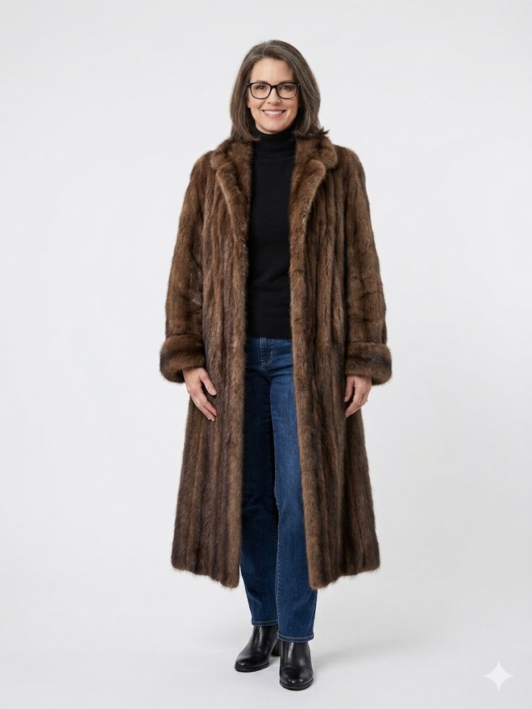 Goldin Feldman Vintage Fisher Fur Coat Full Length Brown Shawl Collar Luxury Women’s Size Large to XL 52” Long