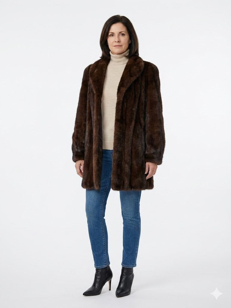 Vintage Mahogany Mink Fur Jacket Coat Women’s Medium Shawl Collar Rich Dark Brown Glamor