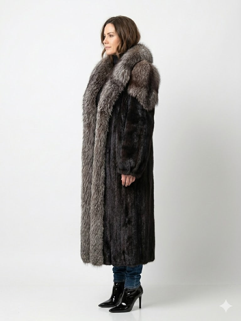 Vintage Full Length Dark Ranch Mink Fur Coat with Oversized Silver Fox Shawl Collar Saga Furs Size Medium
