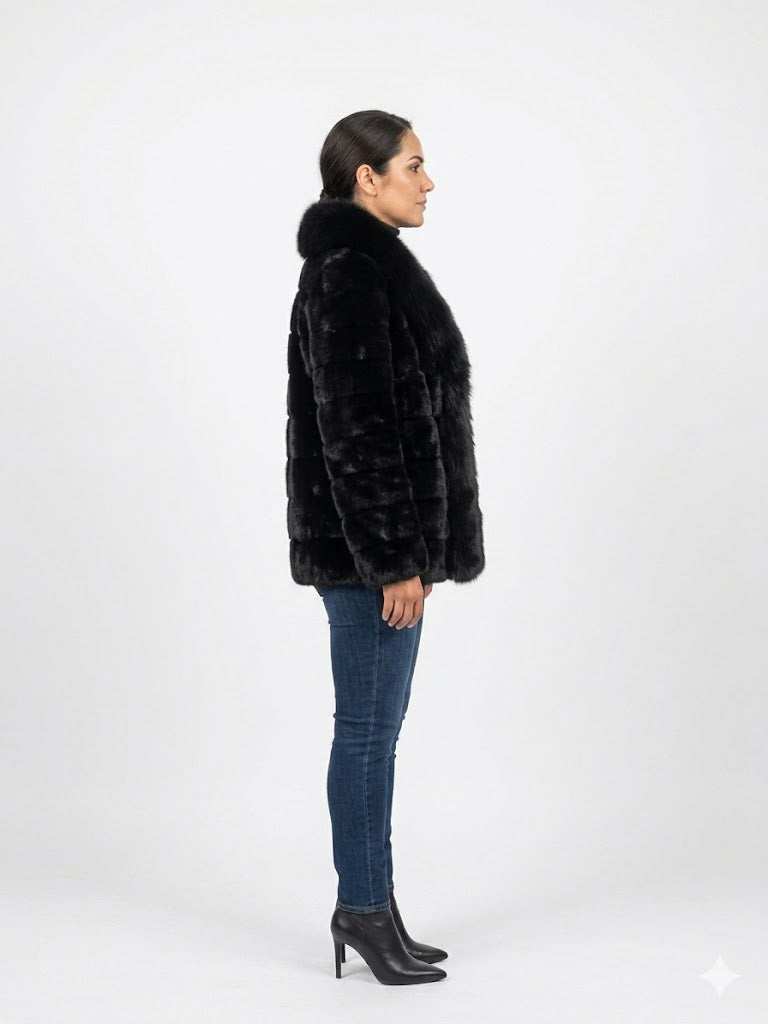 Vintage Black Mink Jacket with Full Fox Trim Collar And Inlays – Glossy Mink Fur Stroller Coat Women’s M