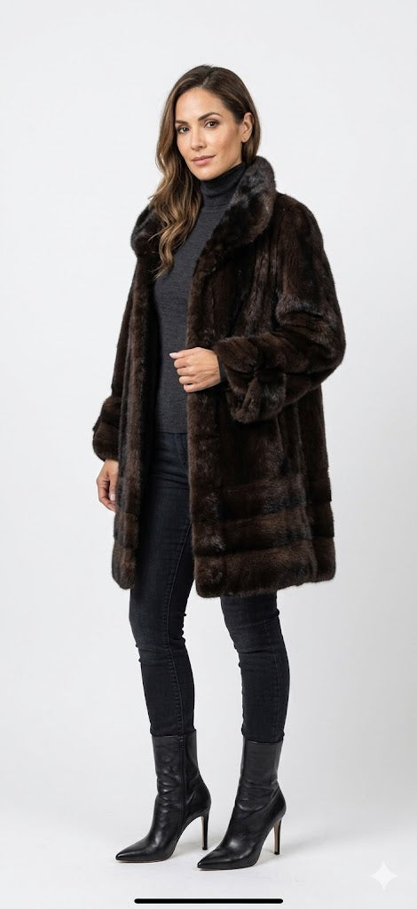 Vintage Dark Mahogany Ranch Mink Coat | Scalloped Hem | Tulip Sleeves | Women’s Medium