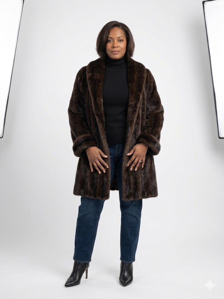 Luxurious Dark Ranch Mink Fur Coat | Full Shawl Collar | Let-Out Female Pelts | 39” Length XL-XXL