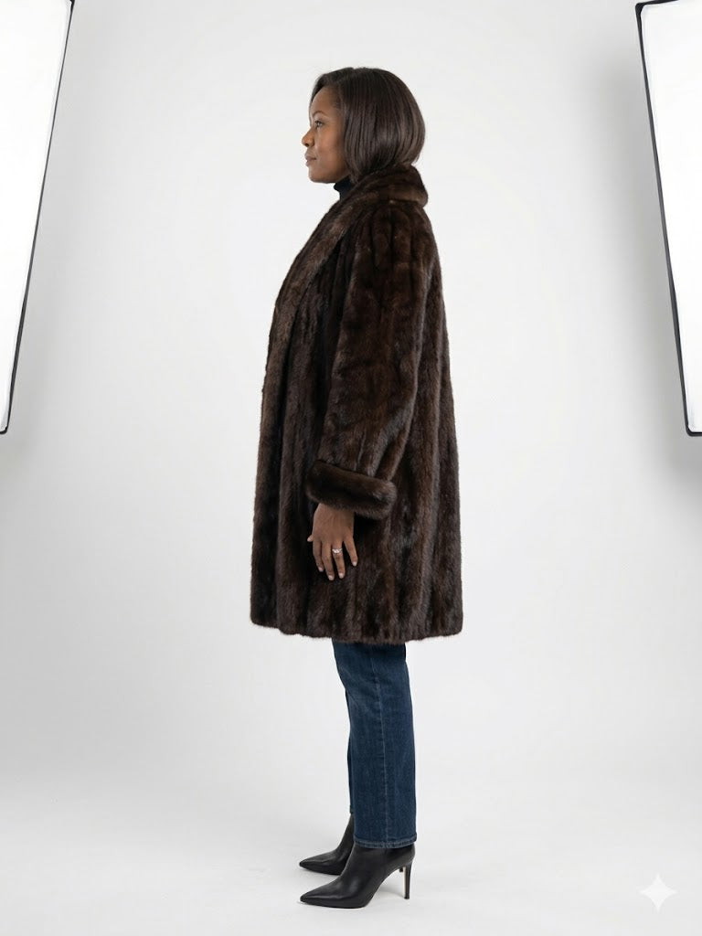 Luxurious Dark Ranch Mink Fur Coat | Full Shawl Collar | Let-Out Female Pelts | 39” Length XL-XXL