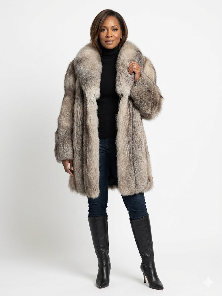 Vintage Blue Fox Fur Stroller Coat Full Shawl Collar Silver Gray Indigo Women’s Large To XL