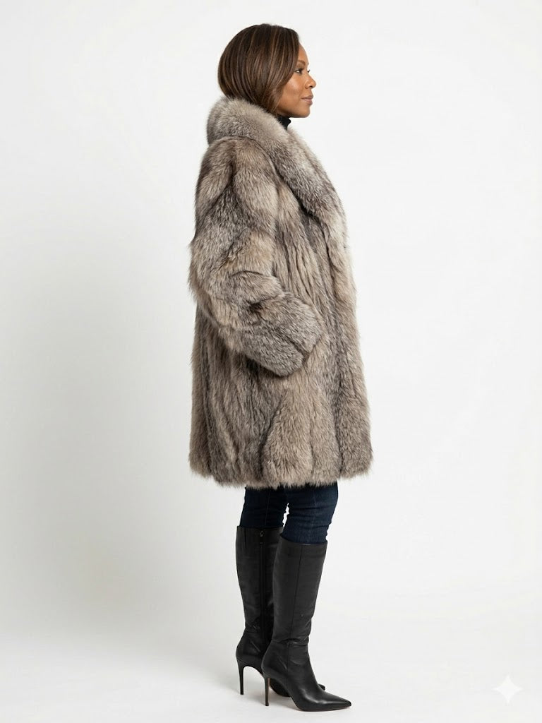 Vintage Blue Fox Fur Stroller Coat Full Shawl Collar Silver Gray Indigo Women’s Large To XL
