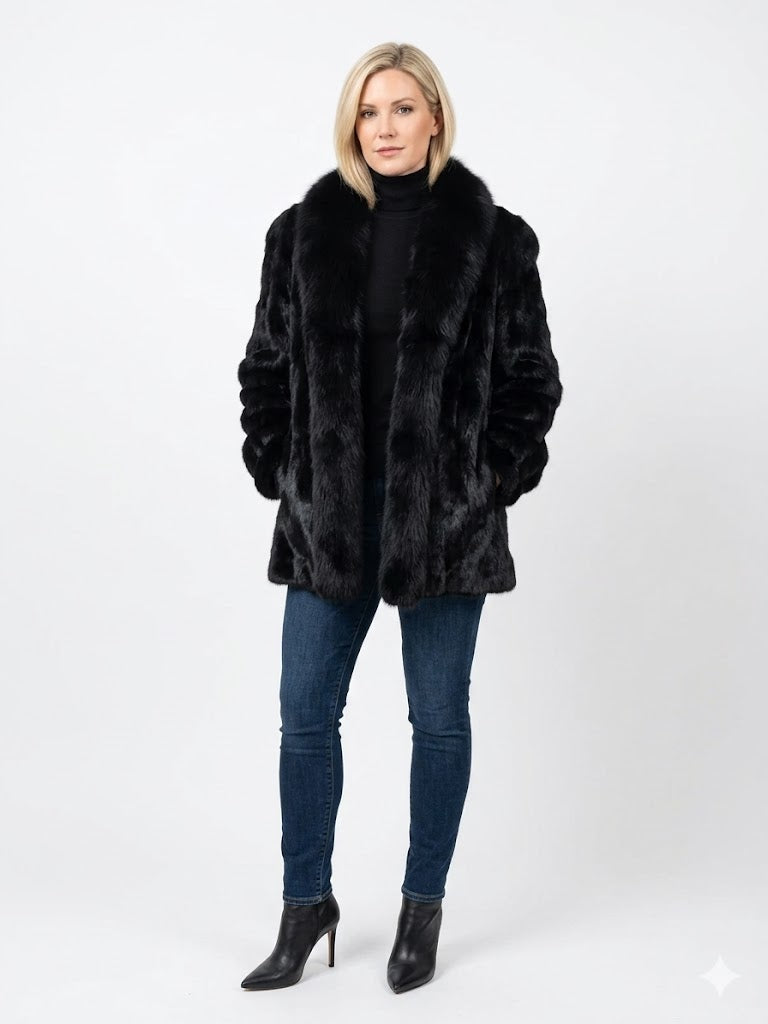 Vintage Black Mink Fur Jacket with Fox Shawl Collar – Luxury Ranch Mink Swing Coat Women’s M/L