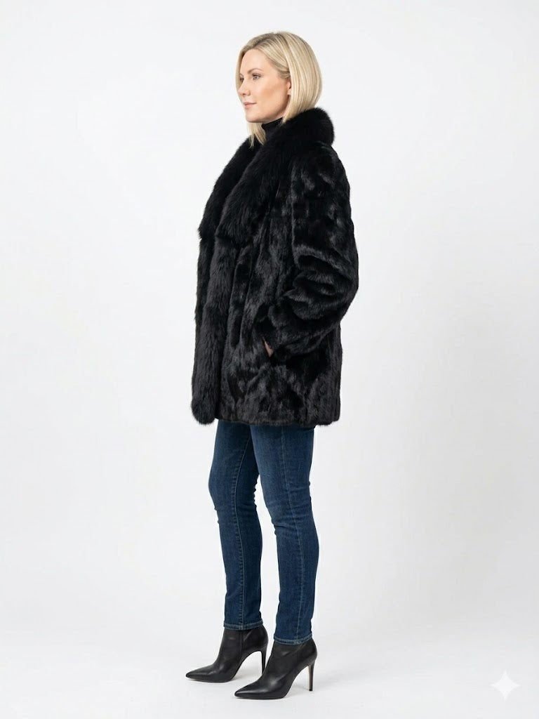 Vintage Black Mink Fur Jacket with Fox Shawl Collar – Luxury Ranch Mink Swing Coat Women’s M/L