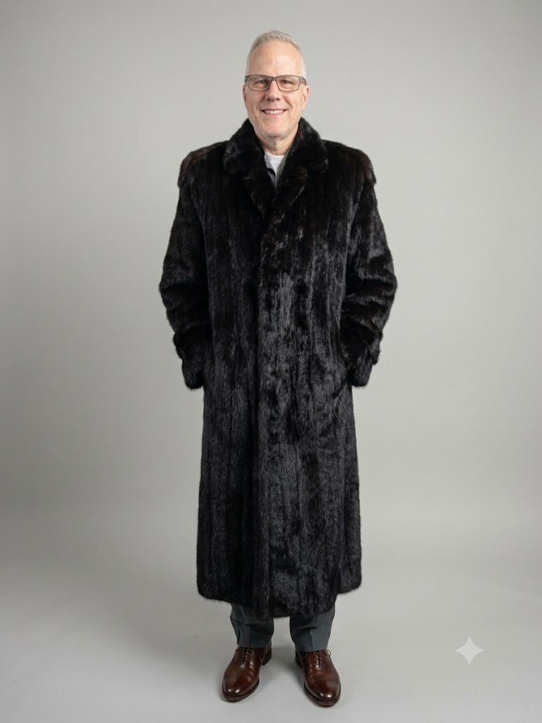 Men’s Full-Length Ranch Mink Fur Coat – 52” – Double Breasted – L/XL – Vintage I Himmel & Sons