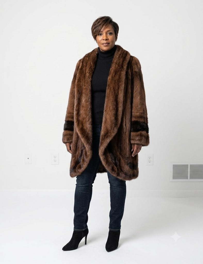 Vintage Brown Ranch Mink Fur Coat – Shawl Collar – With Black Mink Inlays