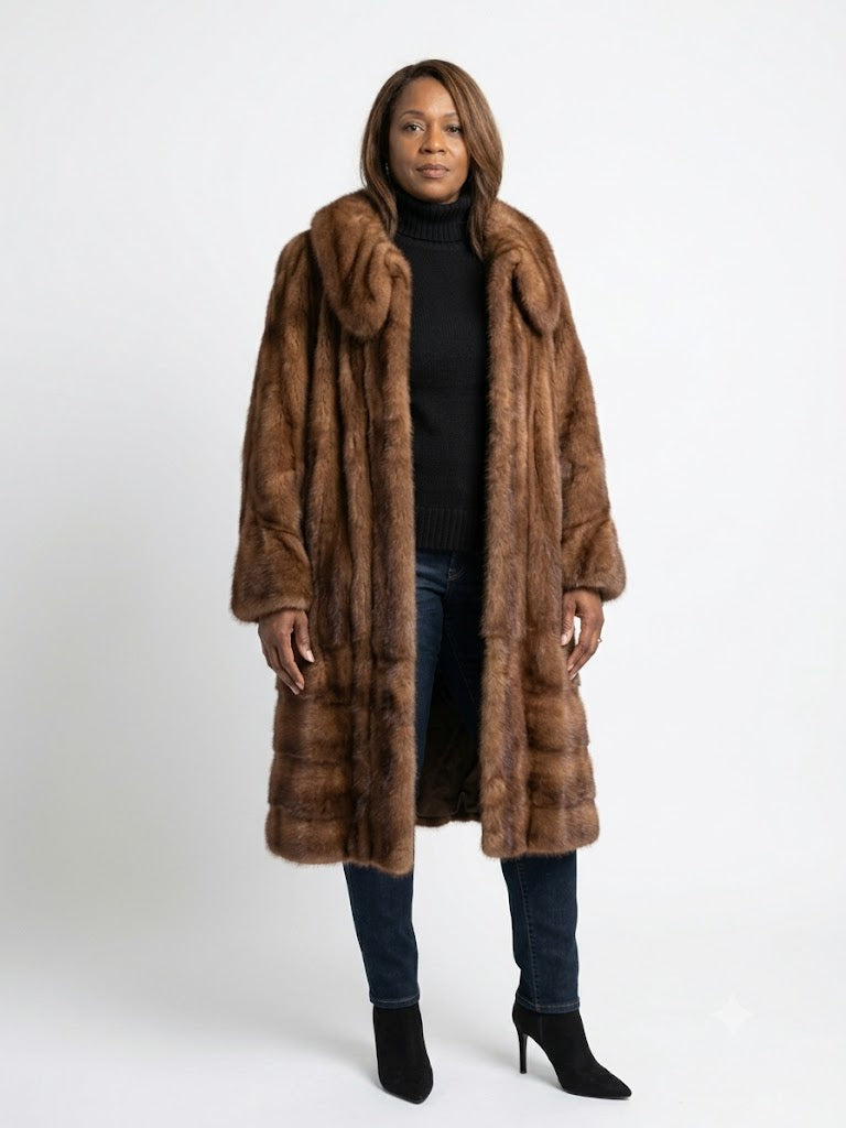 Vintage Italian Pelliceria Micheletti Mahogany Ranch Mink Coat
Boutique Pisa, Italy • Full Let-Out Female Mink • Elegant 91” Sweep • Women’s XL-XXL