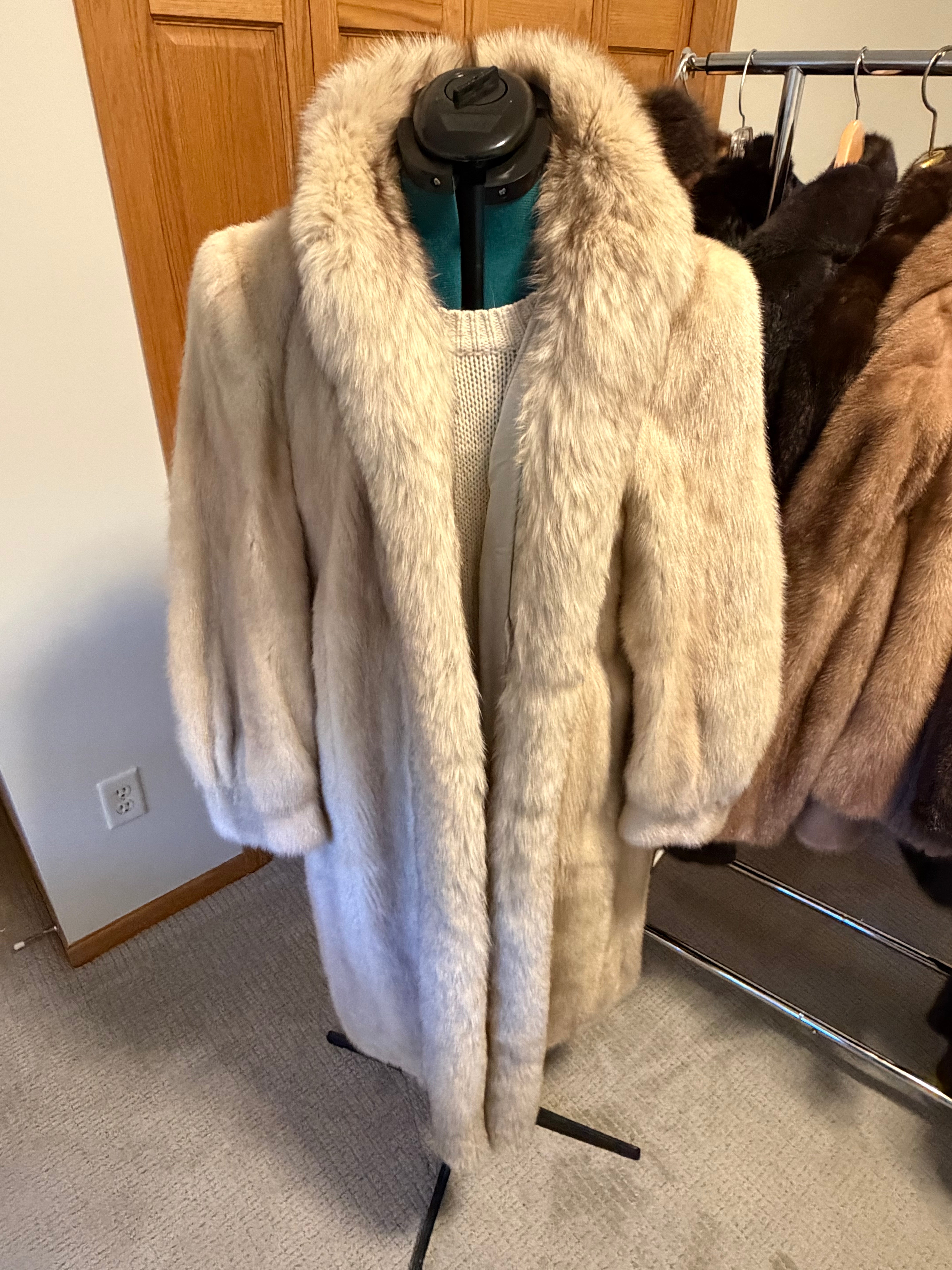 Luxury Pearl Ranch Mink Coat with Natural Blue Fox Shawl Collar | Women’s Medium