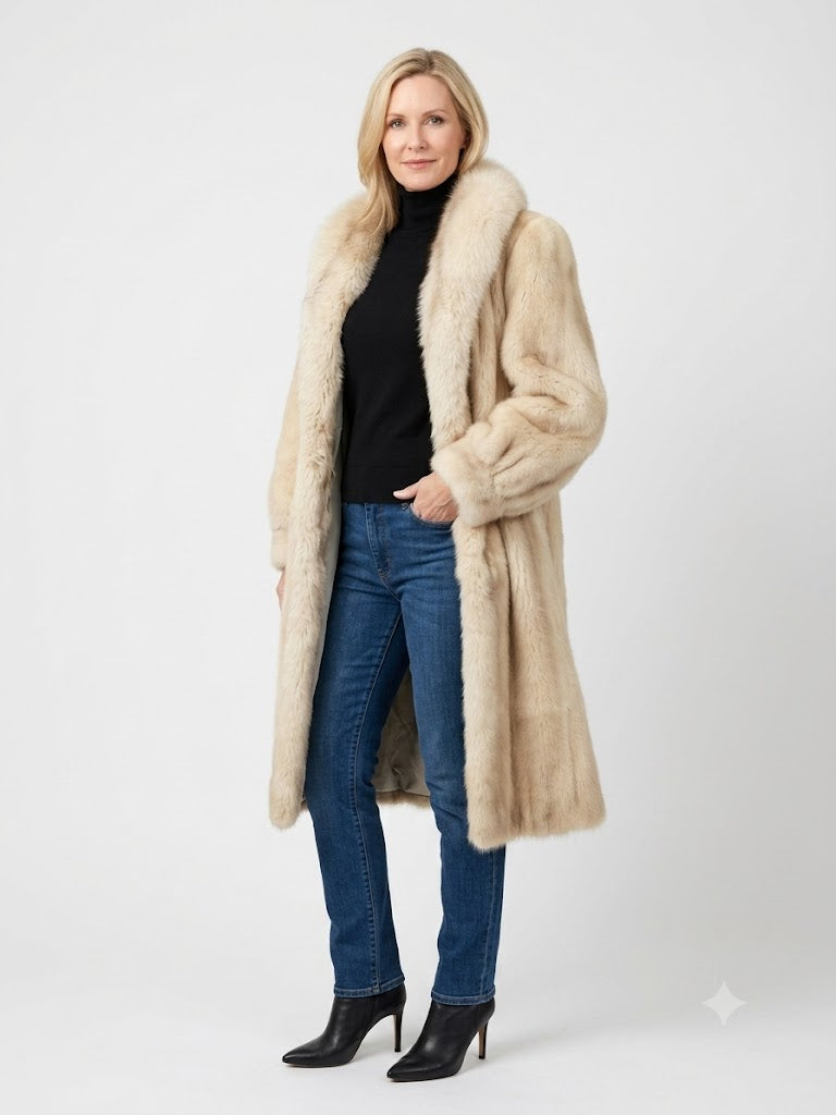 Luxury Pearl Ranch Mink Coat with Natural Blue Fox Shawl Collar | Women’s Medium