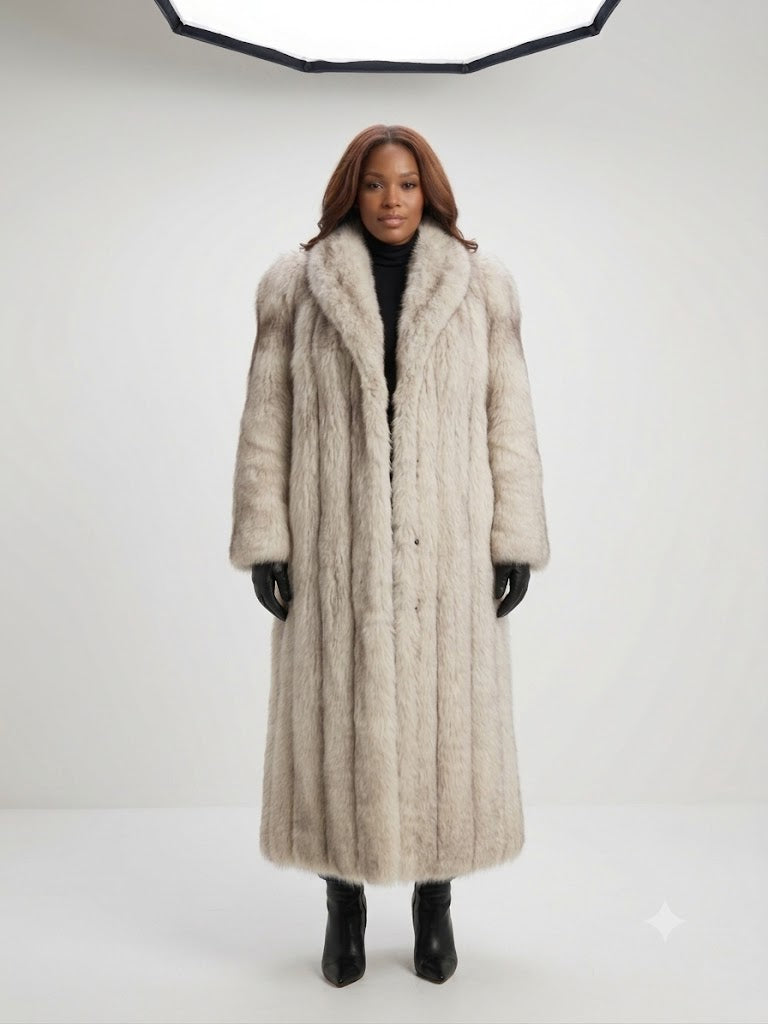 Elegant Full-Length Natural Blue Fox Fur Coat with Oversized Shawl Collar – Women’s Extra Large (14-16)