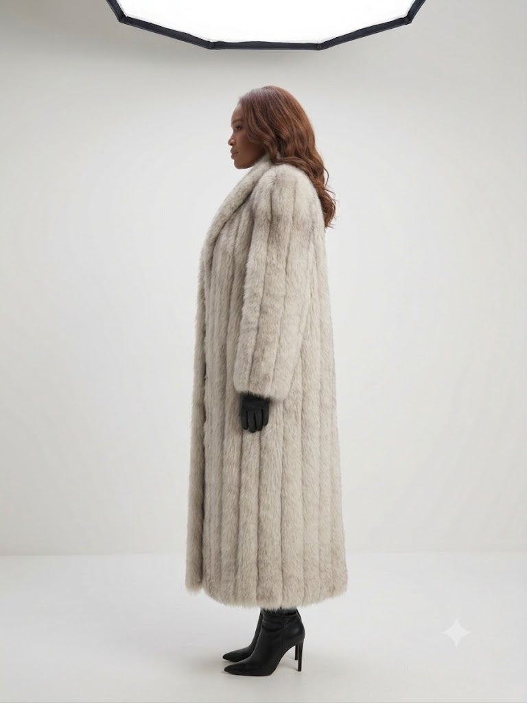 Elegant Full-Length Natural Blue Fox Fur Coat with Oversized Shawl Collar – Women’s Extra Large (14-16)