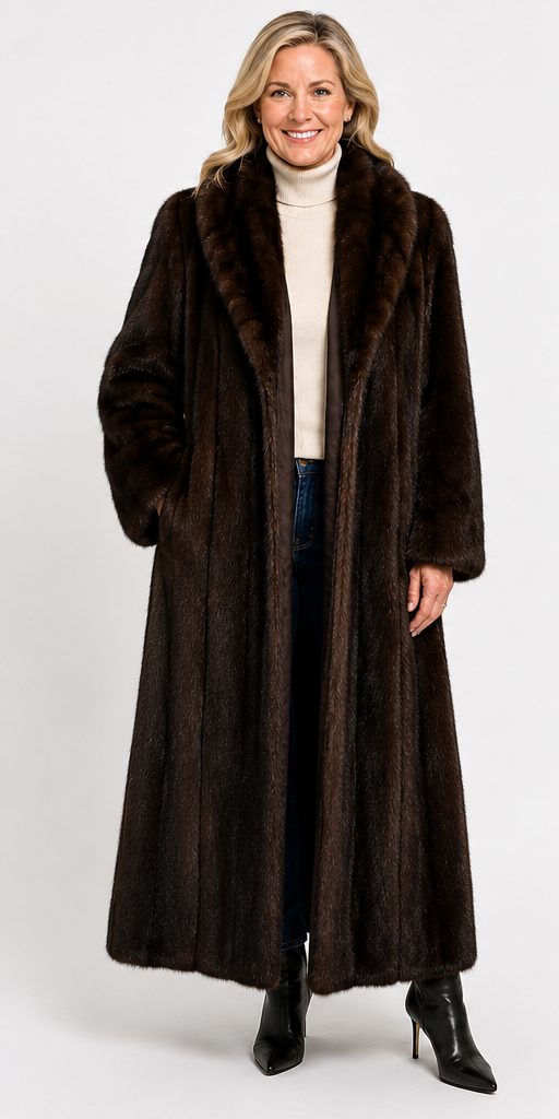 Elegant Full Length Dark Ranch Mink Fur Coat | Size 12 | 52” Luxury Vintage Mink