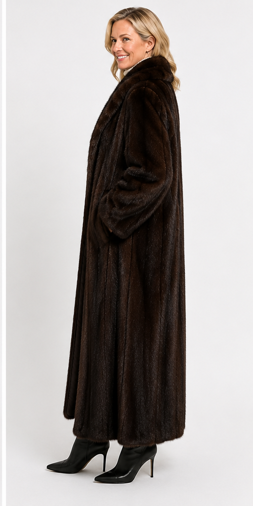 Elegant Full Length Dark Ranch Mink Fur Coat | Size 12 | 52” Luxury Vintage Mink