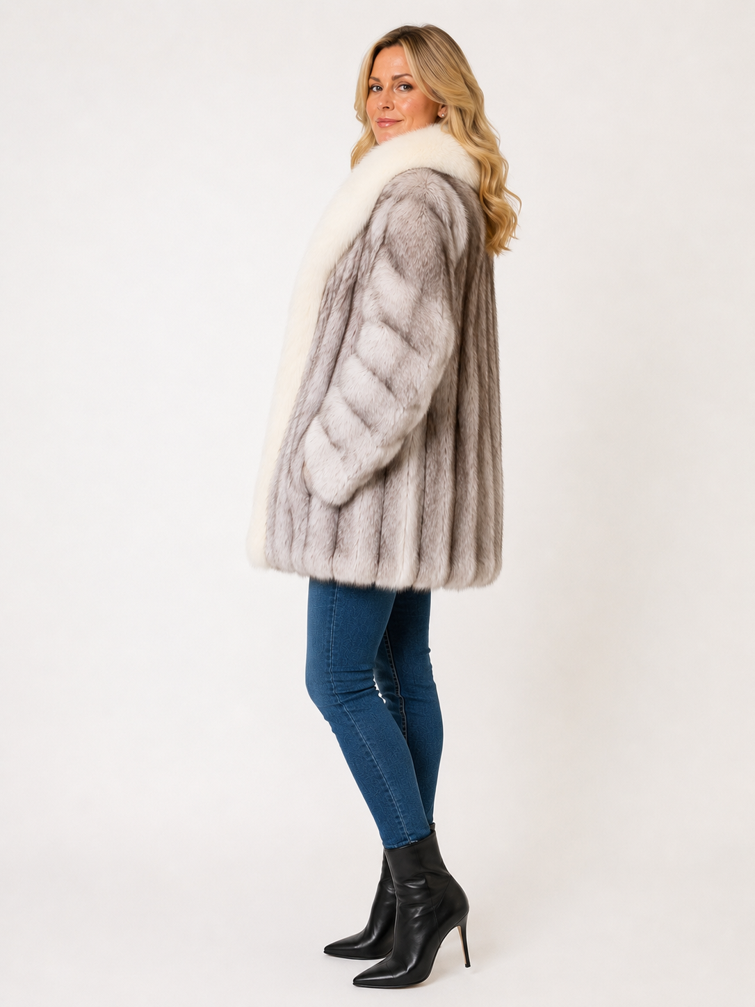 Vintage Saga Blue Fox Fur Jacket with Arctic Fox Tuxedo Collar | Women’s Small-Medium | Luxury Scandinavian Fox
