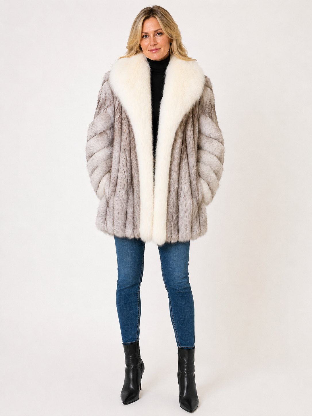 Vintage Saga Blue Fox Fur Jacket with Arctic Fox Tuxedo Collar | Women’s Small-Medium | Luxury Scandinavian Fox
