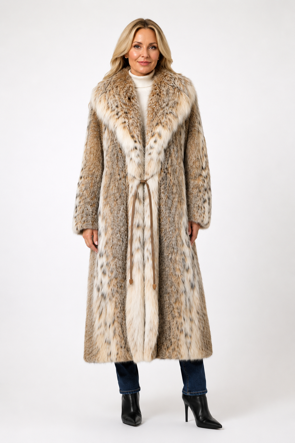 Vintage Natural Lynx Fur Coat with Oversized Shawl Collar | Full-Length Luxury Fur | Women’s Small (6–8)