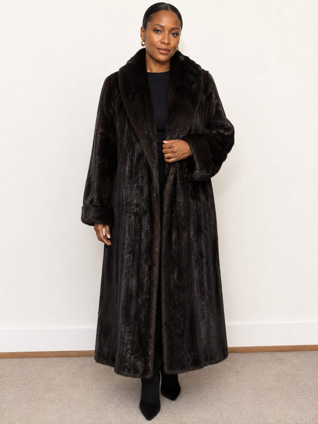 Adolfo Female Let-Out Dark Ranch Mink Fur Coat | Large Shawl Collar | Women’s XL to XXL