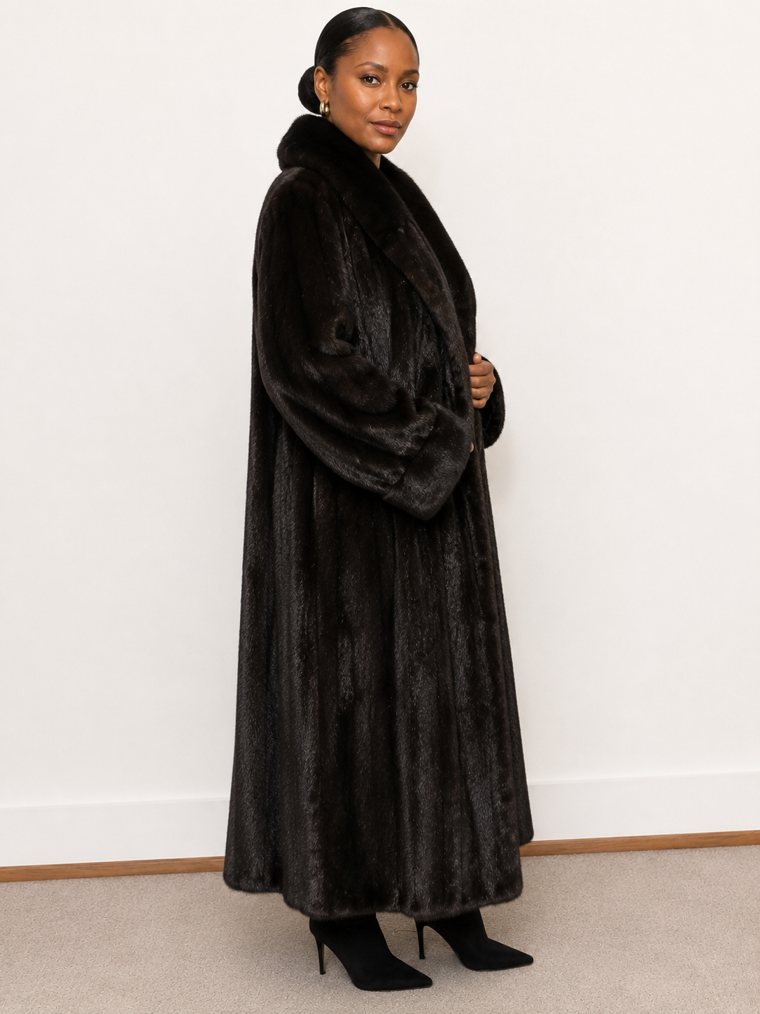 Adolfo Female Let-Out Dark Ranch Mink Fur Coat | Large Shawl Collar | Women’s XL to XXL