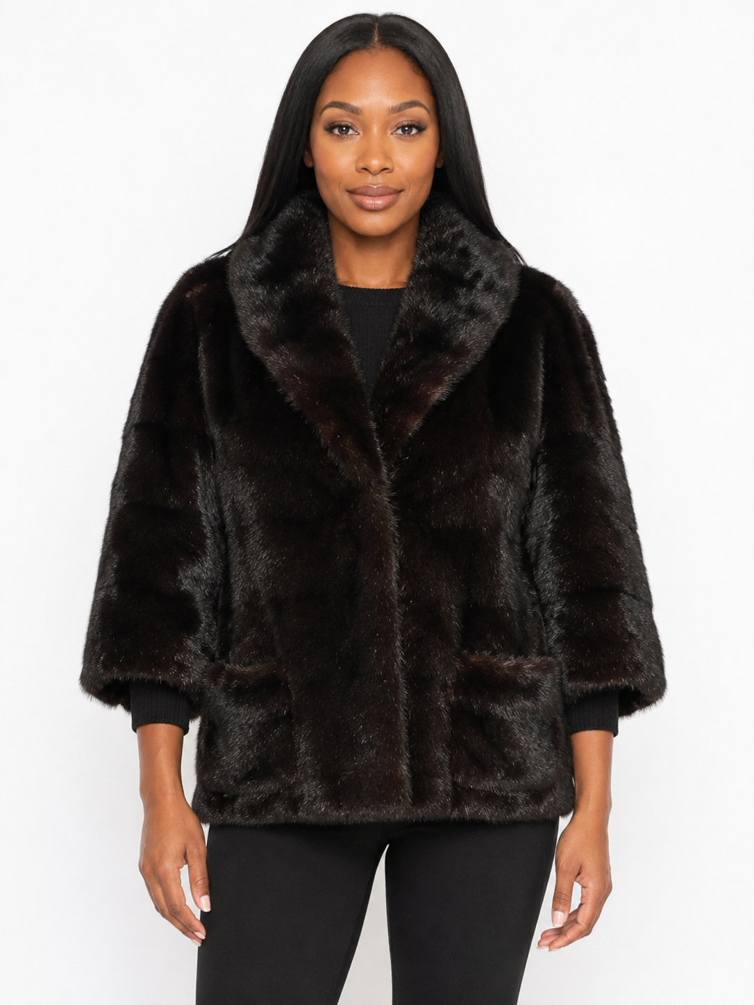 Vintage Dark Ranch Female Mink Jacket with Shawl Collar & Patch Pockets – Women’s Medium