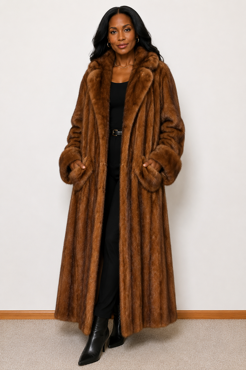 Vintage Full-Length Demi Buff Female Mink Fur Coat – Notch Collar | Women’s Extra Large