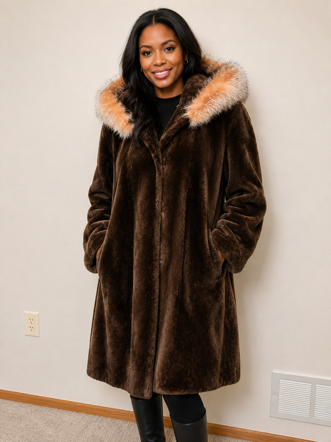 Canadian Phantom Sheared Beaver Stroller with Crystal Fox Trim Hood – Women’s Extra Large