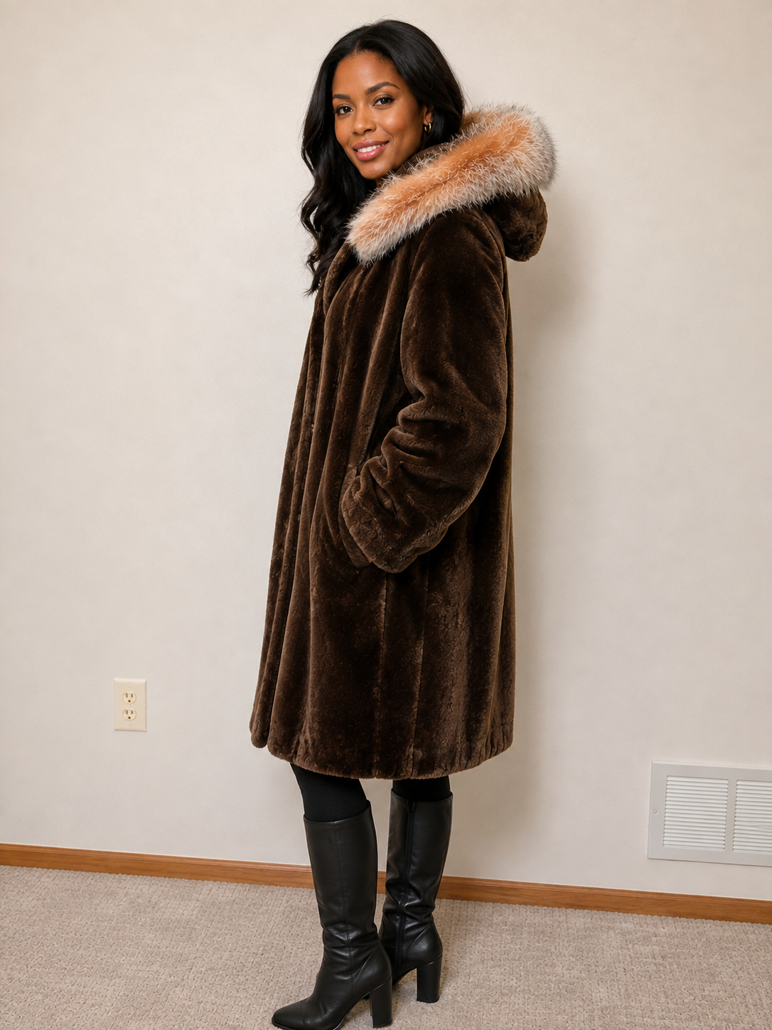 Canadian Phantom Sheared Beaver Stroller with Crystal Fox Trim Hood – Women’s Extra Large