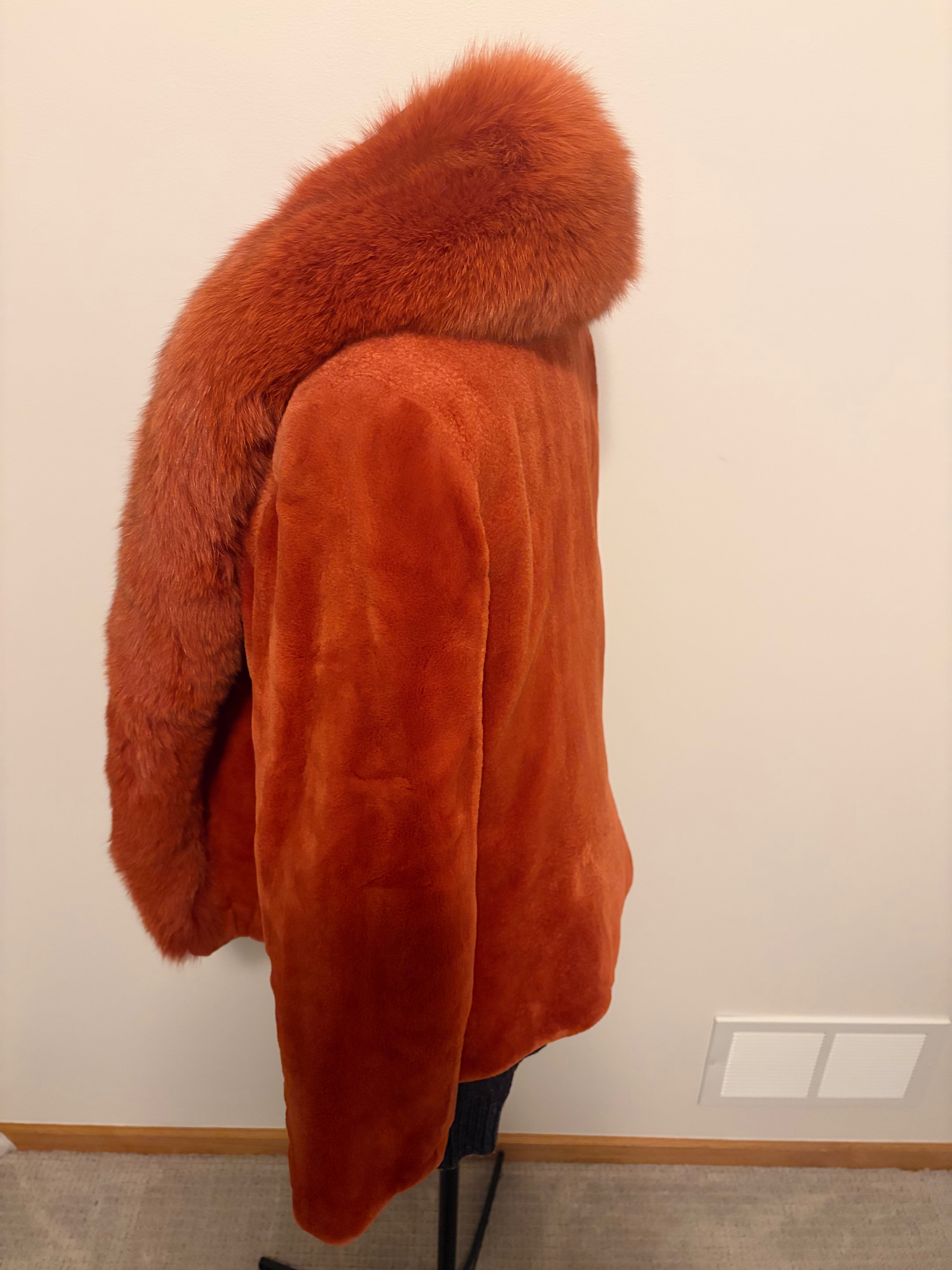 Vintage Burnt Orange Sheared Mink Fur Jacket with Fox Tuxedo Collar – Size 10