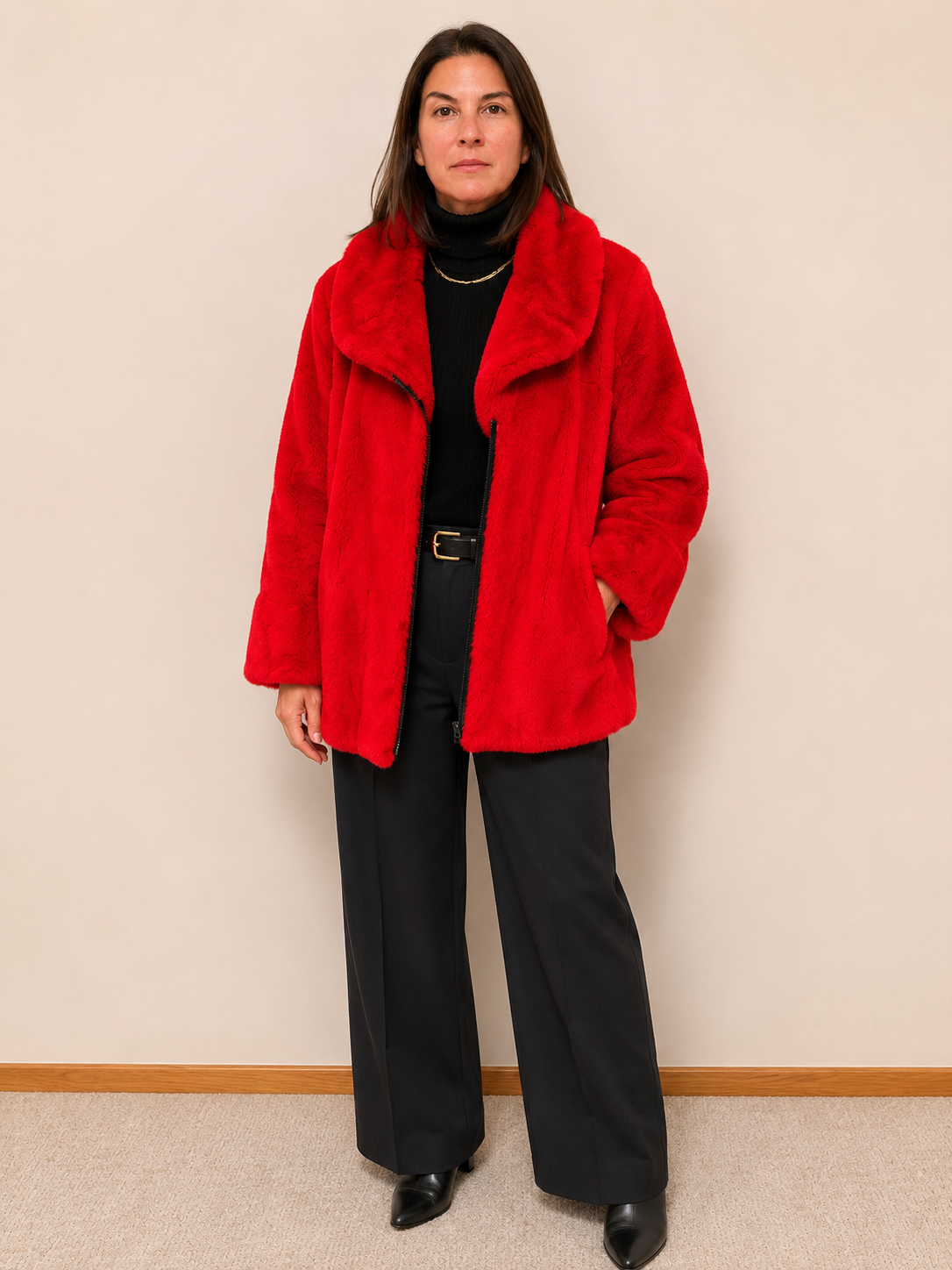 Vintage Vibrant Red Rex Rabbit Fur Jacket – Diagonal Zip & Statement Collar – Size Large