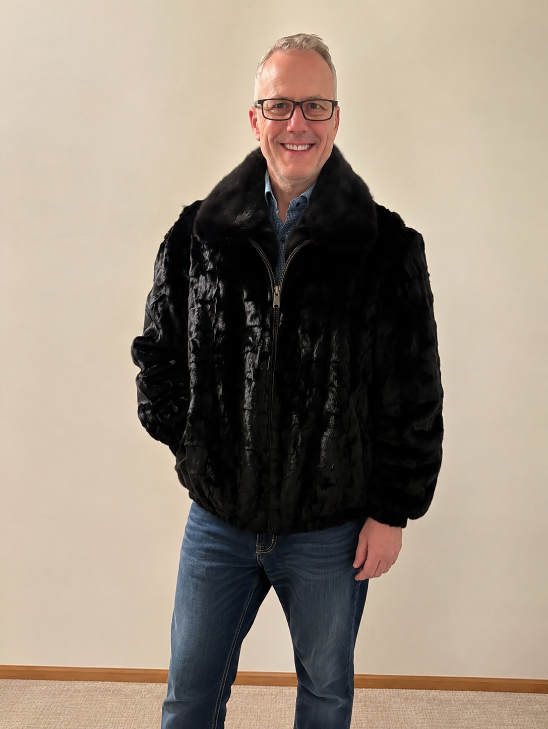 Men’s 4XL Black Sculptured Mink Fur Bomber Jacket – New With Tags